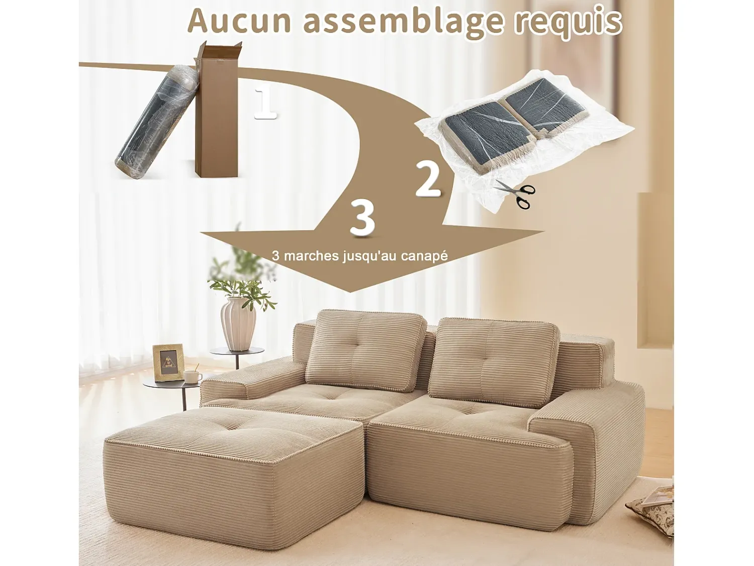 Discount DripeX Sofá Modular 2 lugares em Veludo cotelê, com puff e 2 almofadas, 204x177x69cm, Bege