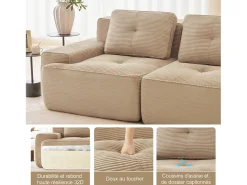 Discount DripeX Sofá Modular 2 lugares em Veludo cotelê, com puff e 2 almofadas, 204x177x69cm, Bege