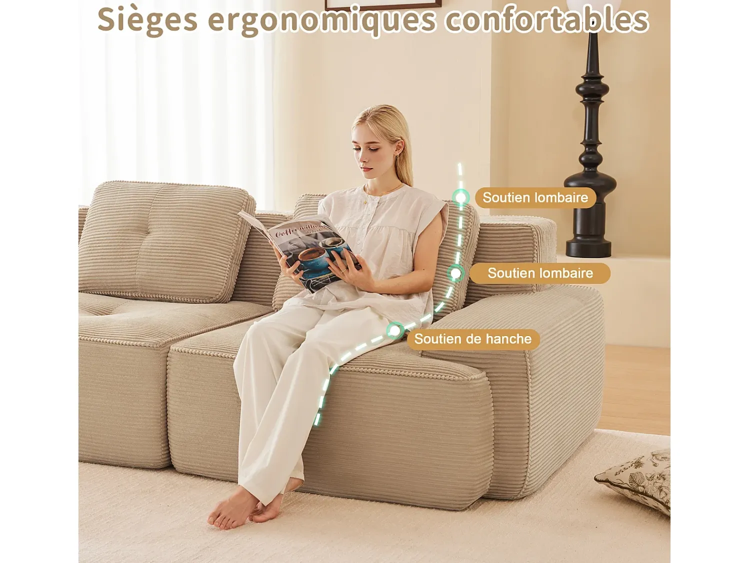 Discount DripeX Sofá Modular 2 lugares em Veludo cotelê, com puff e 2 almofadas, 204x177x69cm, Bege