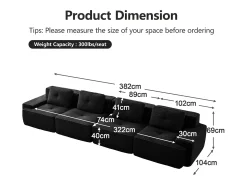DripeX Sofá Modular 4 lugares em Veludo cotelê, com 4 almofadas, 382x104x69cm,^ Sofá