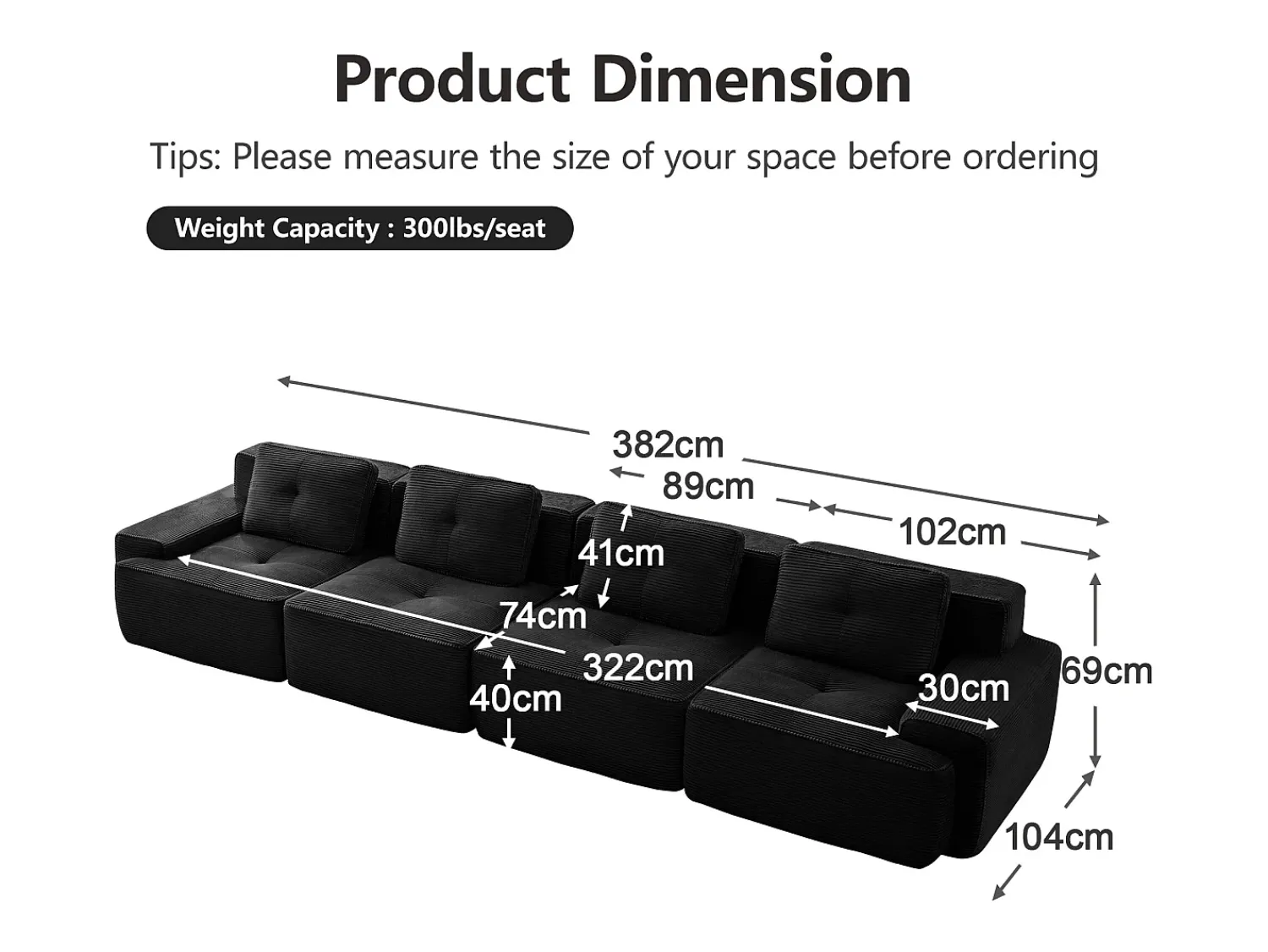 DripeX Sofá Modular 4 lugares em Veludo cotelê, com 4 almofadas, 382x104x69cm,^ Sofá
