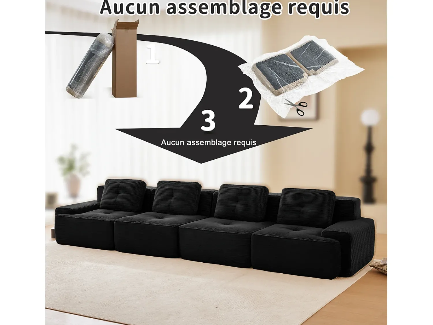 DripeX Sofá Modular 4 lugares em Veludo cotelê, com 4 almofadas, 382x104x69cm,^ Sofá