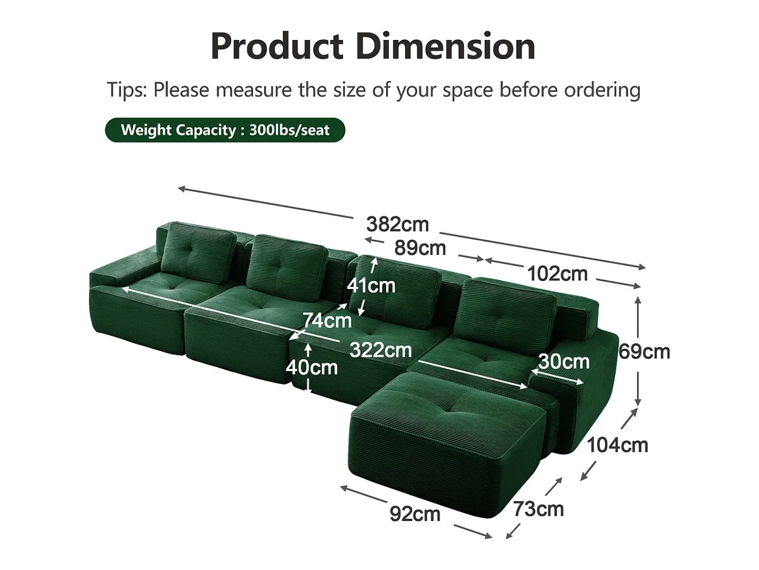 DripeX Sofá Modular 4 lugares em Veludo cotelê, com puff e 4 almofadas, 382x177x69cm,^ Sofá