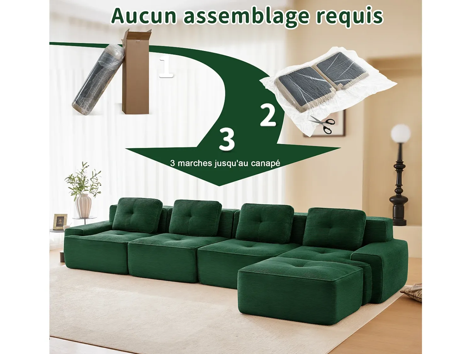 DripeX Sofá Modular 4 lugares em Veludo cotelê, com puff e 4 almofadas, 382x177x69cm,^ Sofá
