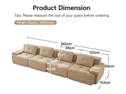 DripeX Sofá Modular 4 lugares em Veludo cotelê, com 4 almofadas, 382x104x69cm,^ Sofá