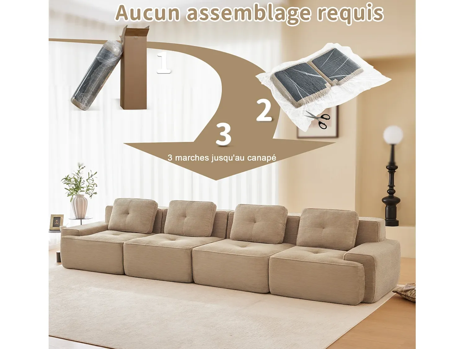 DripeX Sofá Modular 4 lugares em Veludo cotelê, com 4 almofadas, 382x104x69cm,^ Sofá
