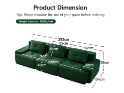 Sofá|DripeX Sofá Modular 3 lugares em Veludo cotelê, com 3 almofadas, assento extra profundo 74cm, 293x104x69cm, Verde