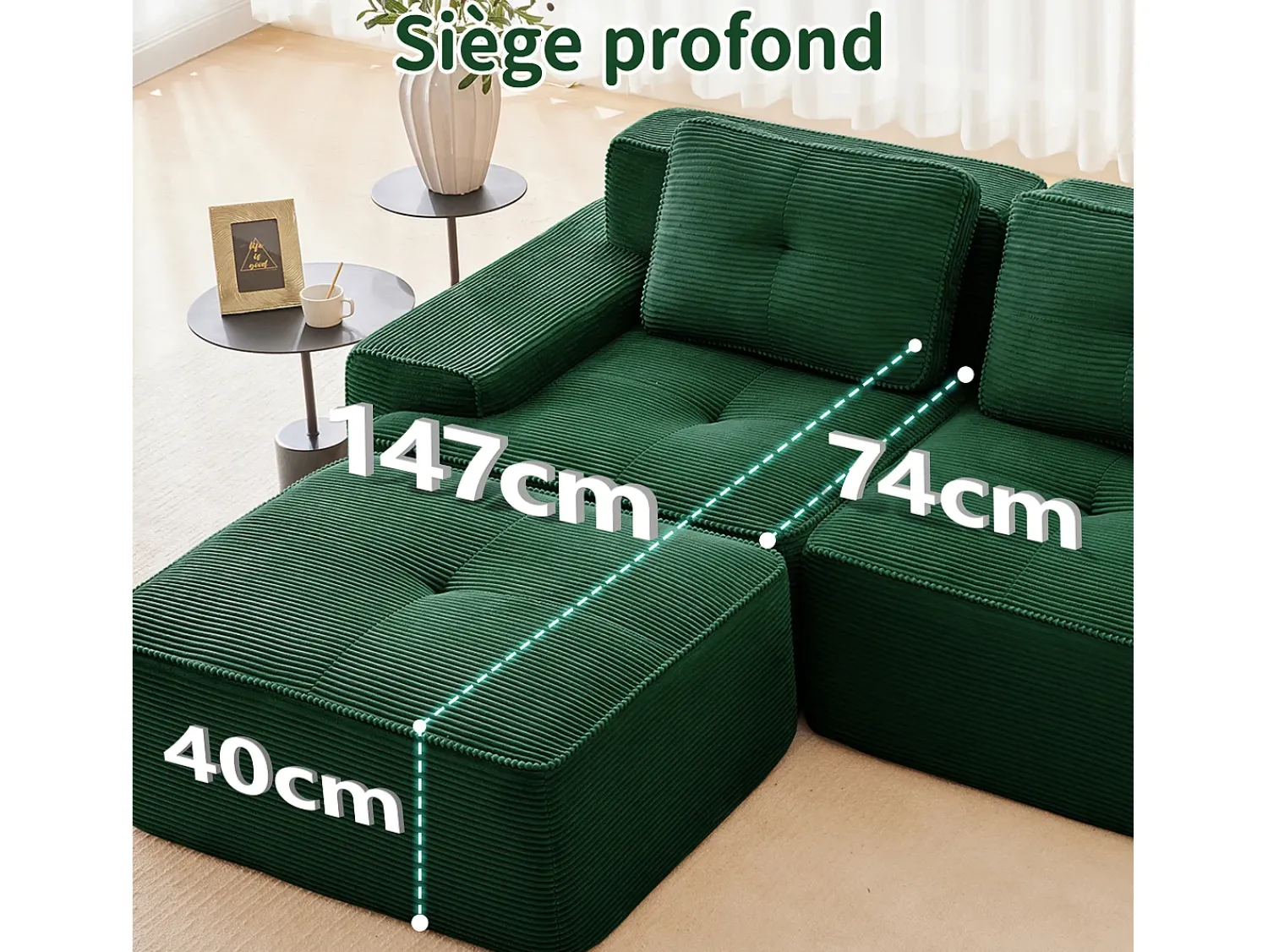 Sofá|DripeX Sofá Modular 3 lugares em Veludo cotelê, com 3 almofadas, assento extra profundo 74cm, 293x104x69cm, Verde