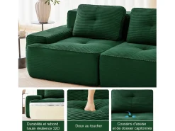 Sofá|DripeX Sofá Modular 3 lugares em Veludo cotelê, com 3 almofadas, assento extra profundo 74cm, 293x104x69cm, Verde