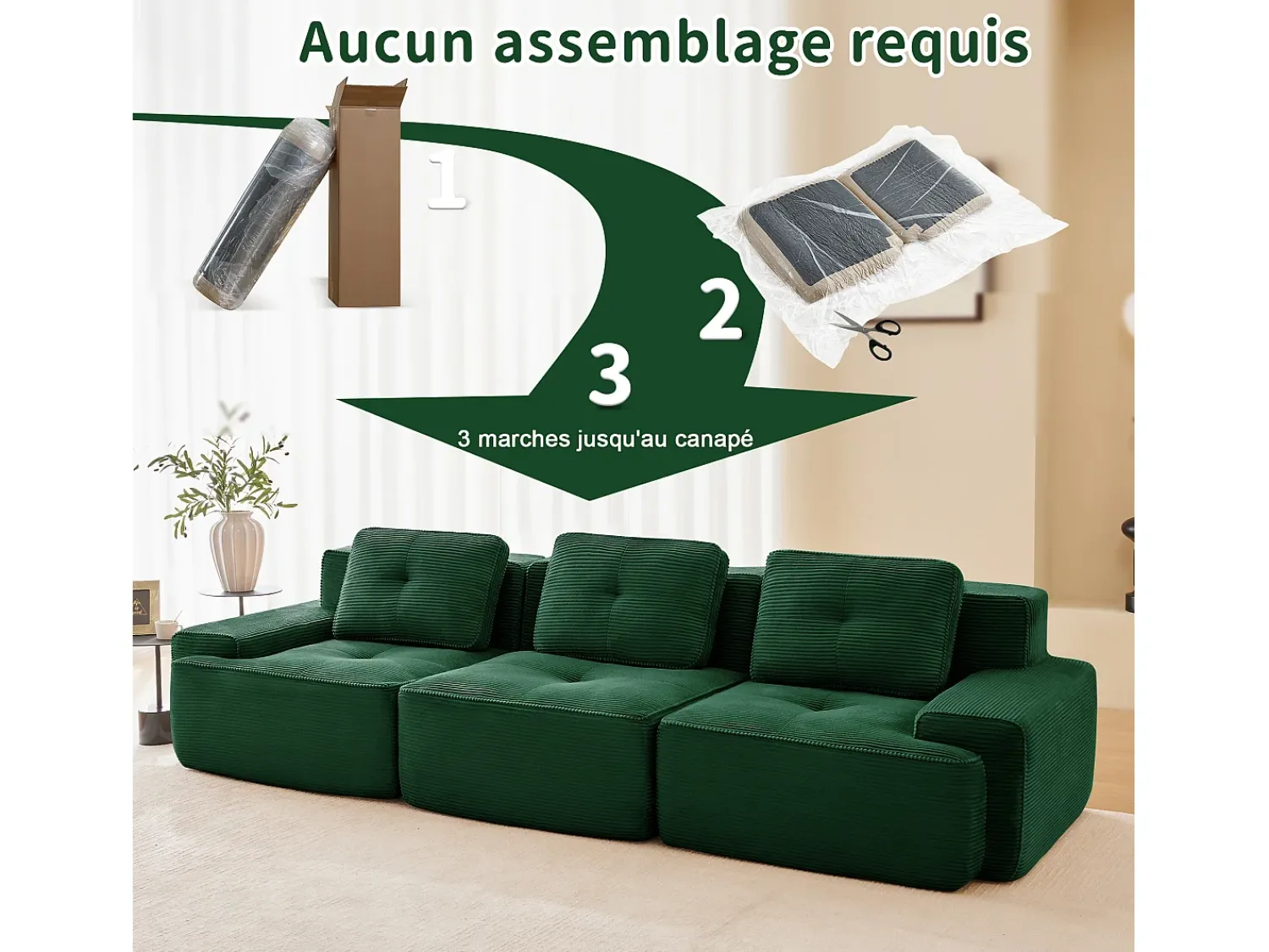 Sofá|DripeX Sofá Modular 3 lugares em Veludo cotelê, com 3 almofadas, assento extra profundo 74cm, 293x104x69cm, Verde