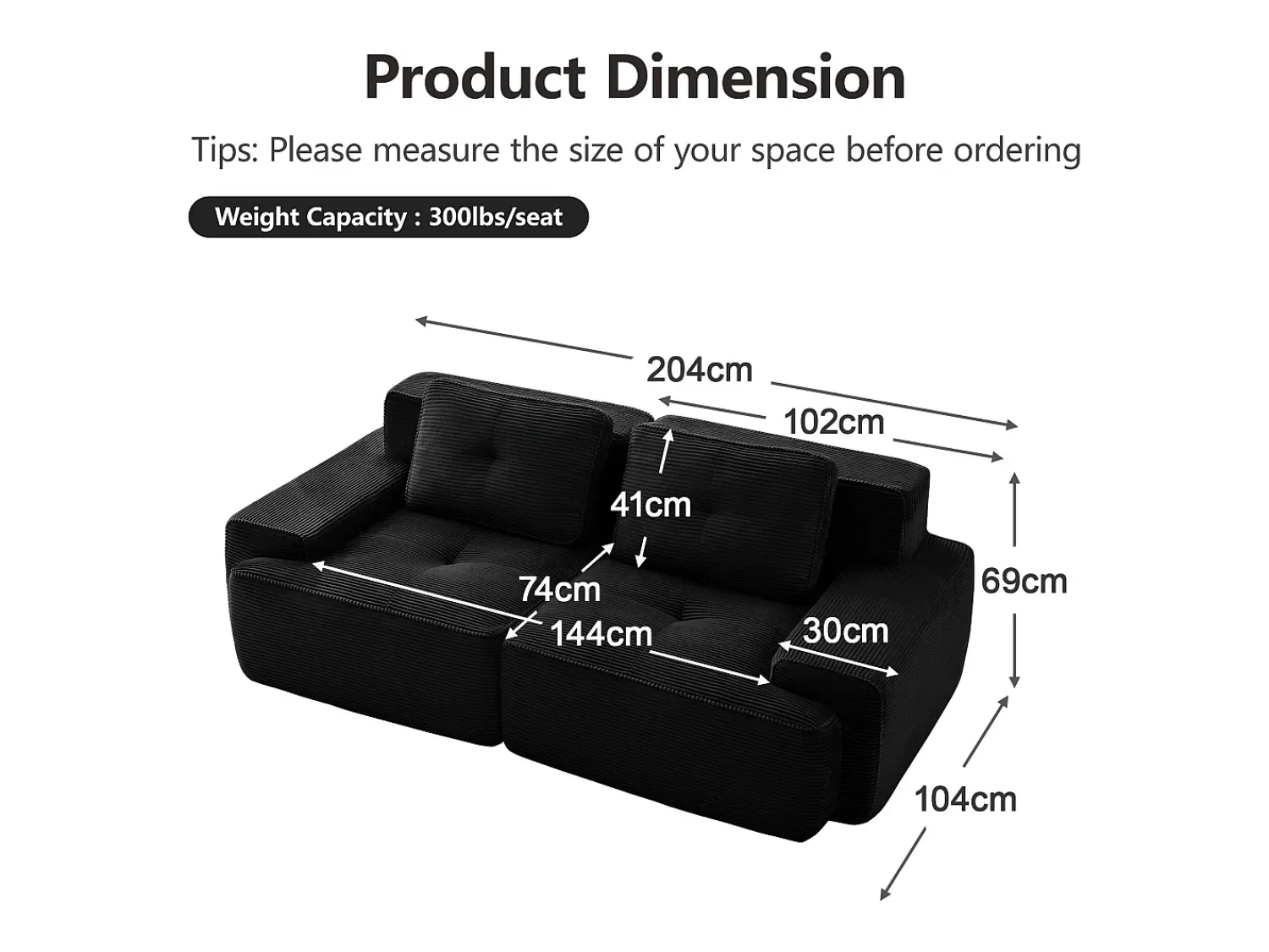 DripeX Sofá Modular 2 lugares em Veludo cotelê com 2 almofadas, sem montagem, 204x104x69cm,^ Sofá
