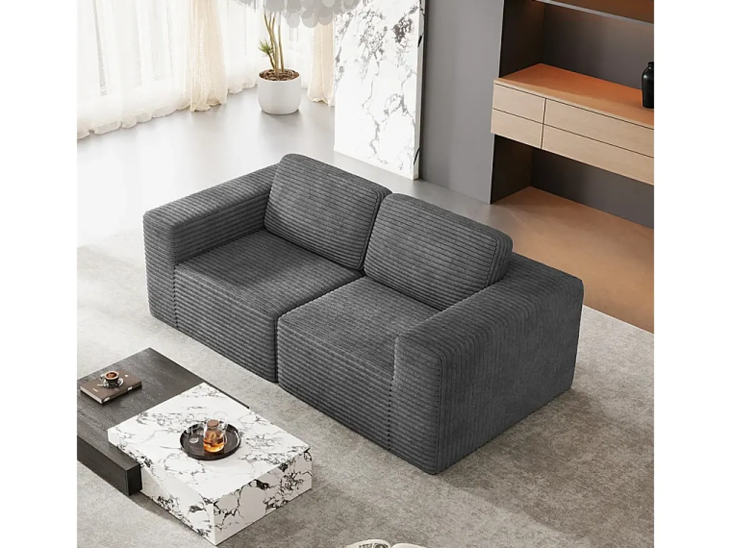 Hot DripeX Sofá Modular 2 lugares em Veludo Cotelê, com 2 almofadas, 202x101x82cm, Cinza Cinzento