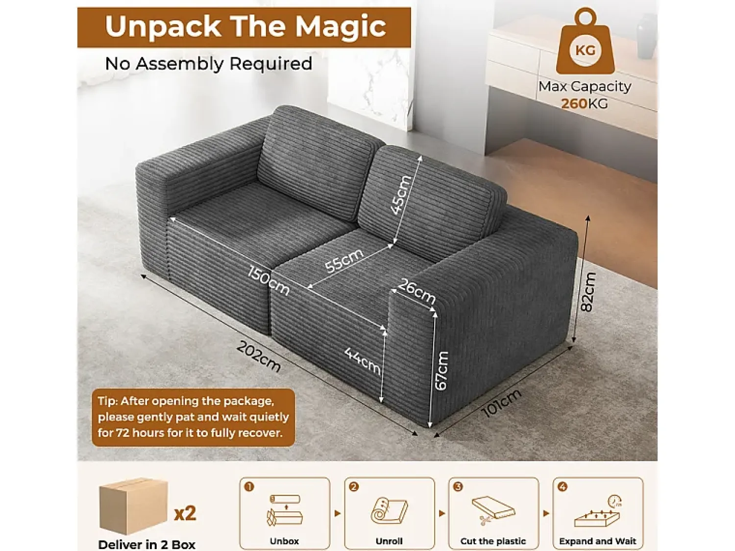 Hot DripeX Sofá Modular 2 lugares em Veludo Cotelê, com 2 almofadas, 202x101x82cm, Cinza Cinzento