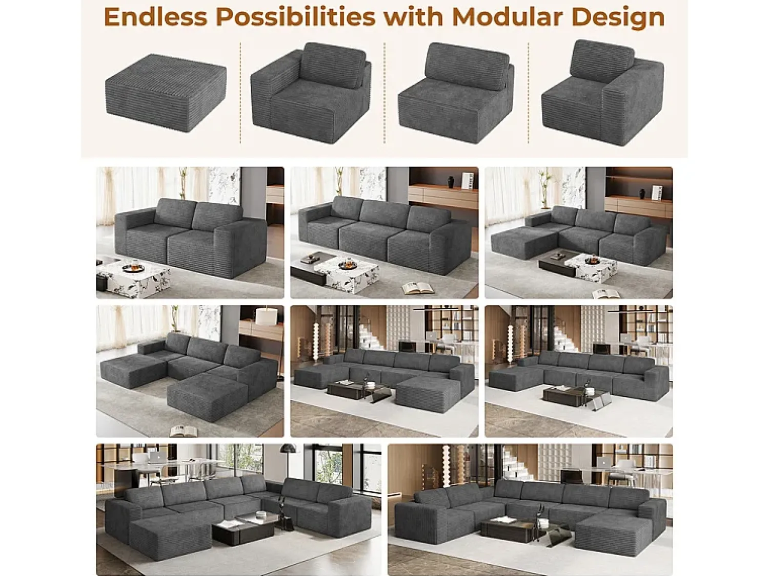 Hot DripeX Sofá Modular 2 lugares em Veludo Cotelê, com 2 almofadas, 202x101x82cm, Cinza Cinzento