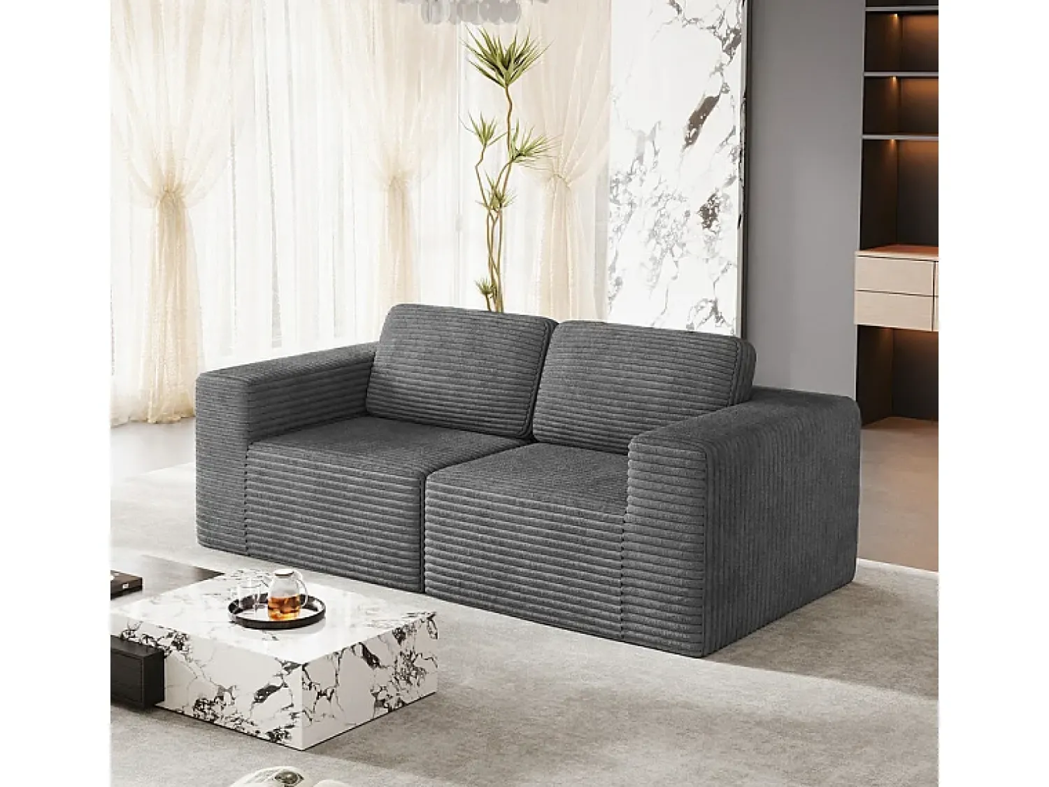 Hot DripeX Sofá Modular 2 lugares em Veludo Cotelê, com 2 almofadas, 202x101x82cm, Cinza Cinzento