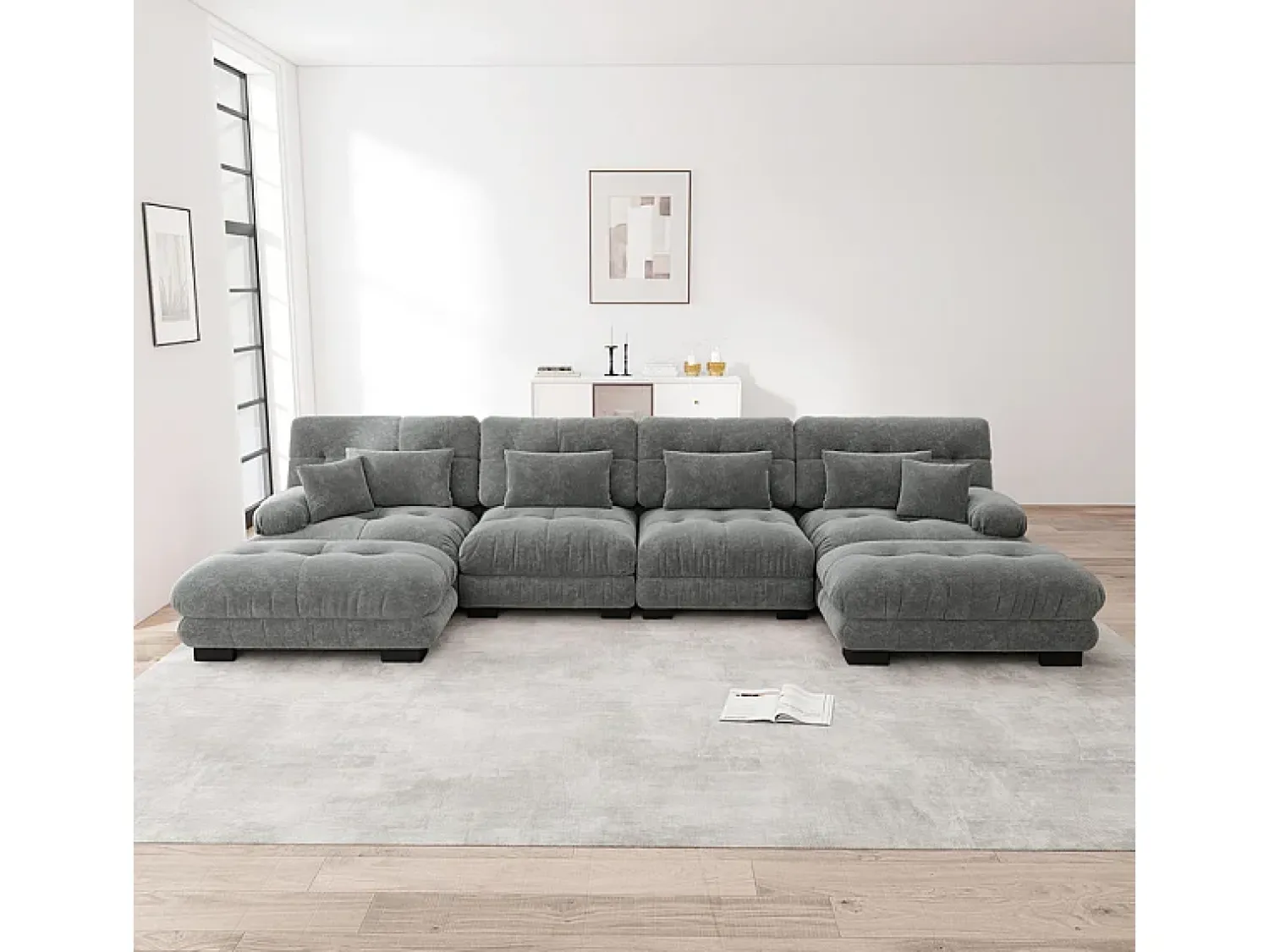 Sofá|DripeX Sofá modular canto 4 lugares - com 2 puff e 6 almofadas - DIY formato U/L - 406x145x81cm - Cinza Cinzento