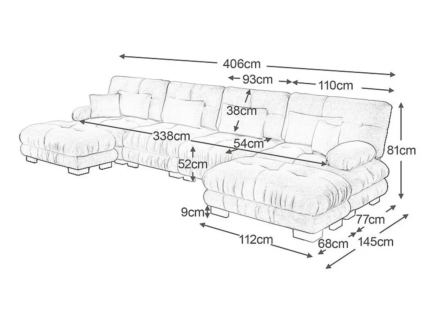 Sofá|DripeX Sofá modular canto 4 lugares - com 2 puff e 6 almofadas - DIY formato U/L - 406x145x81cm - Cinza Cinzento