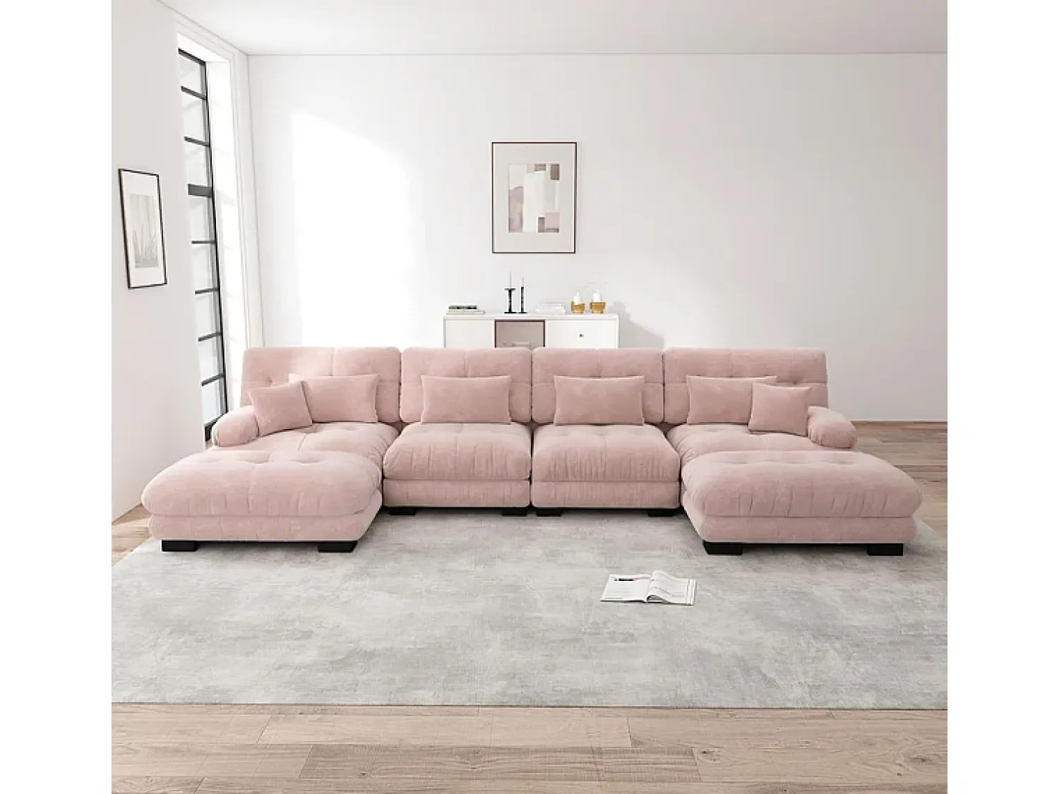 Sofá*DripeX Sofá modular canto 4 lugares - com 2 puff e 6 almofadas - DIY formato U/L - 406x145x81cm - Rosa