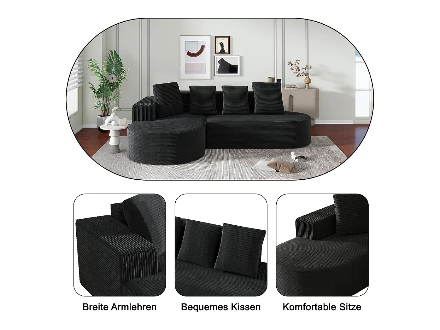 Sofá|KOMHTOM Sofá modular com chaise longue em L, assento profundo, estofamento em espuma comprimida, Preto
