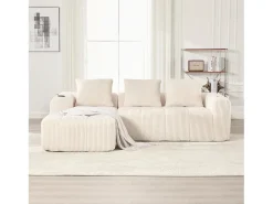 Sofá* Sofá modular compacto em veludo cotelê com bolsos laterais e almofadas . Bege