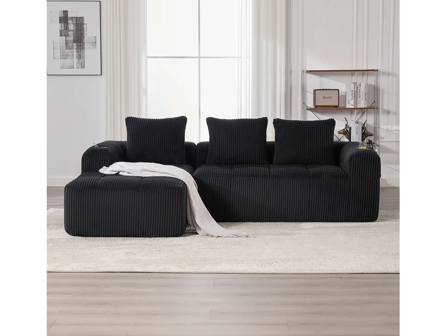 New Sofá modular compacto em veludo cotelê com bolsos laterais e almofadas, Preto