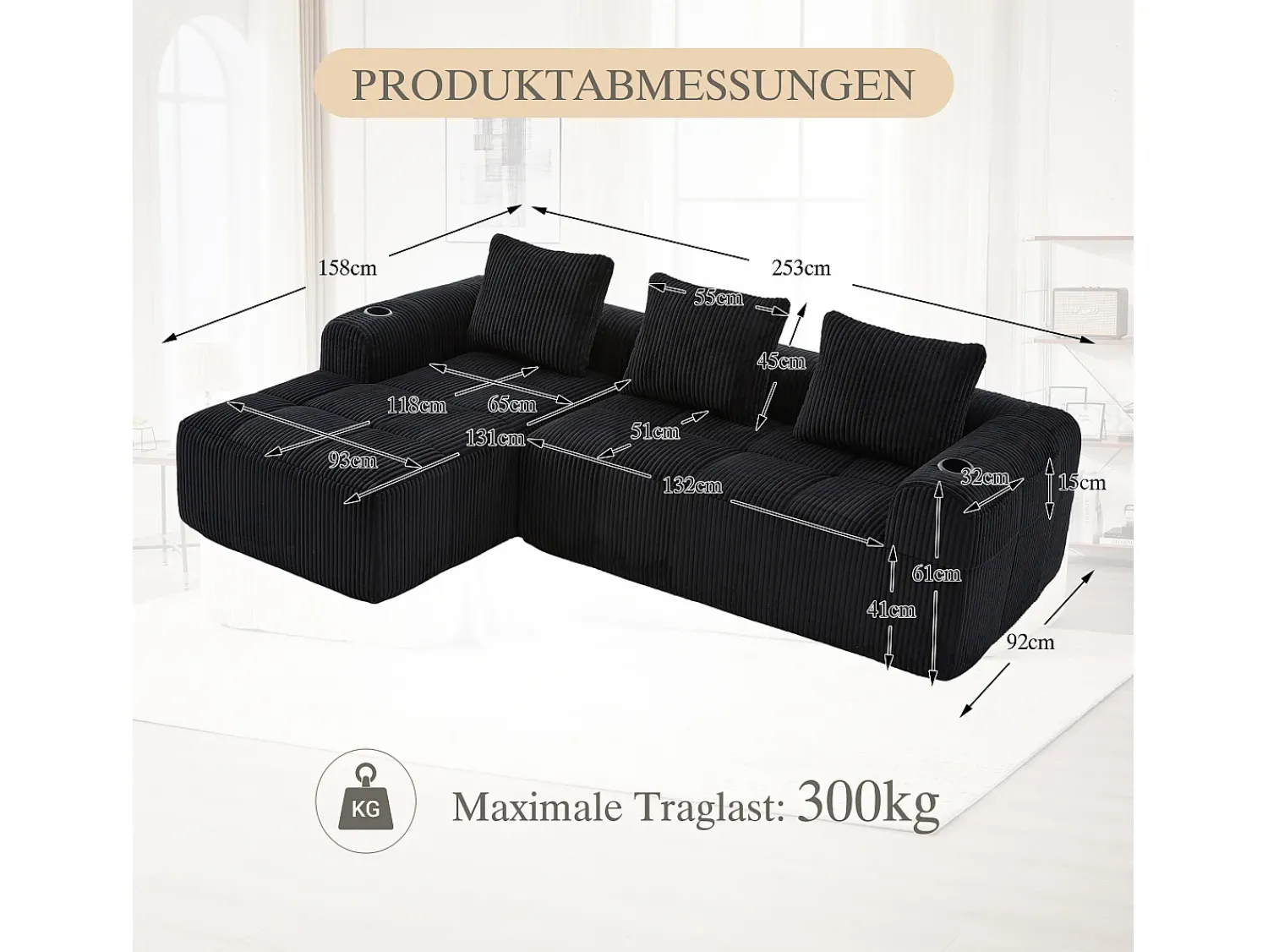 New Sofá modular compacto em veludo cotelê com bolsos laterais e almofadas, Preto