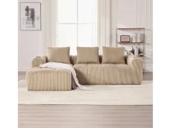 Sofá modular compacto em veludo cotelê com bolsos laterais e almofadas, cor cáqui.^ Sofá