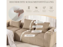 Sofá modular compacto em veludo cotelê com bolsos laterais e almofadas, cor cáqui.^ Sofá