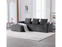 Sofá| Sofá modular compacto em veludo cotelê com bolsos laterais e almofadas, cinza. Cinzento