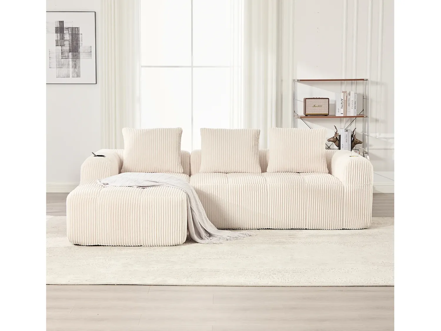 Discount Sofá modular compacto em veludo cotelê com bolsos laterais e almofadas - Prático e elegante para o seu espaço. Bege
