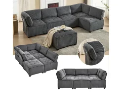 New DripeX Sofá modular conversível em veludo cinza - 6 lugares - ergonômico - com bolsos de armazenamento - 308x154x82cm Cinzento