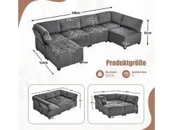 New DripeX Sofá modular conversível em veludo cinza - 6 lugares - ergonômico - com bolsos de armazenamento - 308x154x82cm Cinzento