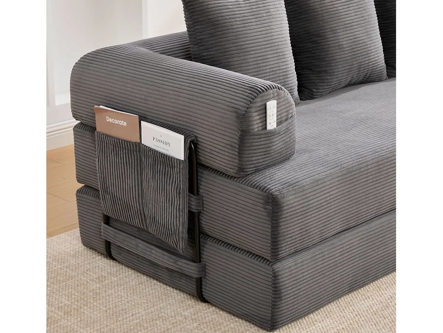 Sofá|Hauss Spole Sofá modular convertível de 3 lugares com 3 almofadas e bolso lateral - Veludo cotelê escuro Cinzento