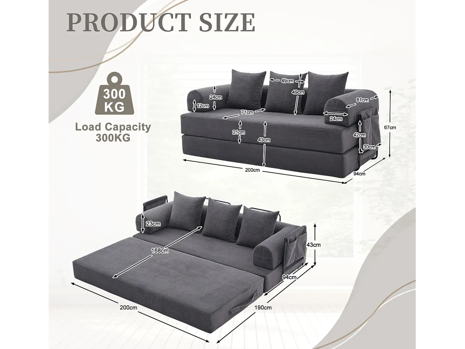 Sofá|Hauss Spole Sofá modular convertível de 3 lugares com 3 almofadas e bolso lateral - Veludo cotelê escuro Cinzento
