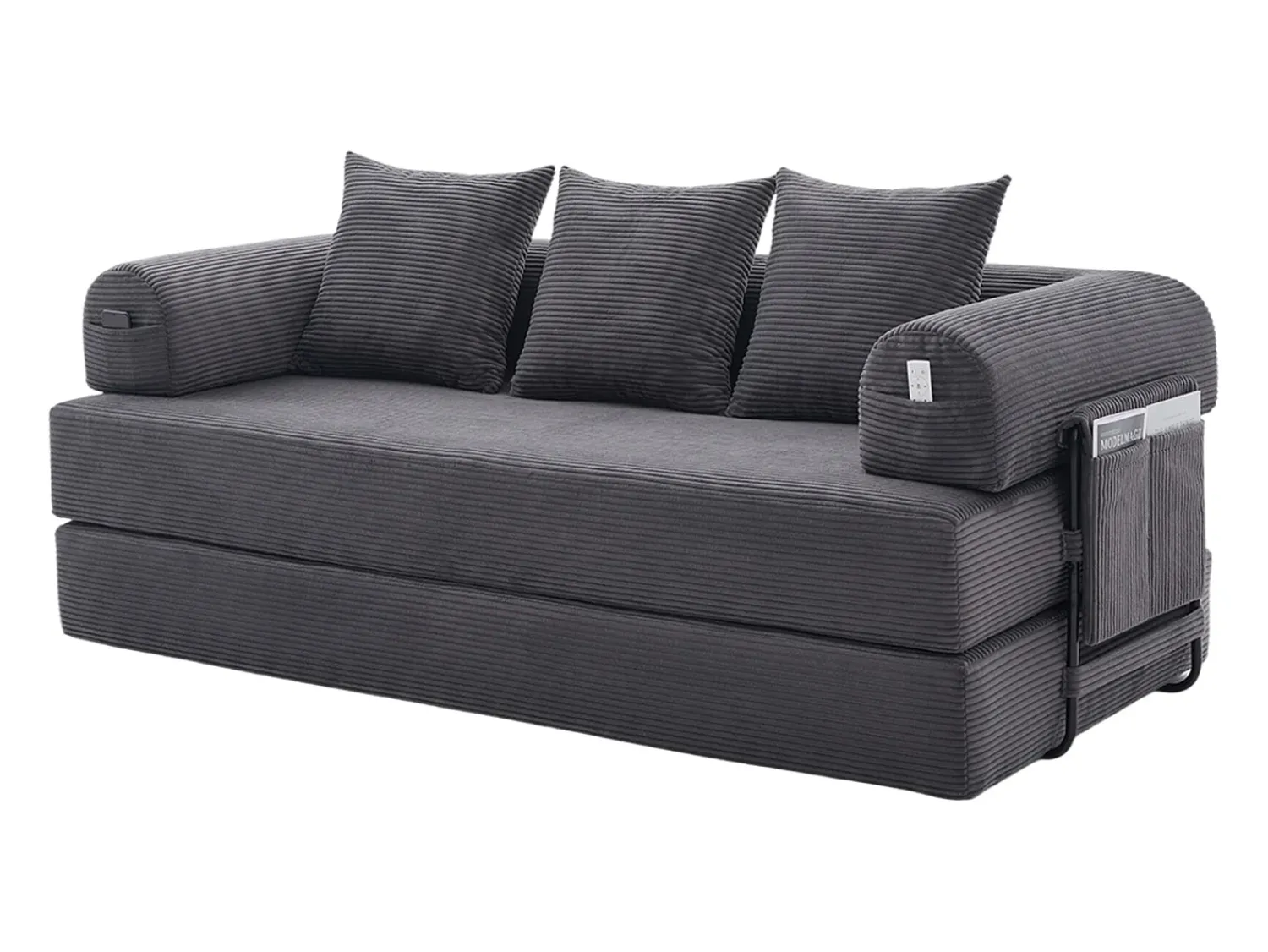 Sofá|Hauss Spole Sofá modular convertível de 3 lugares com 3 almofadas e bolso lateral - Veludo cotelê escuro Cinzento
