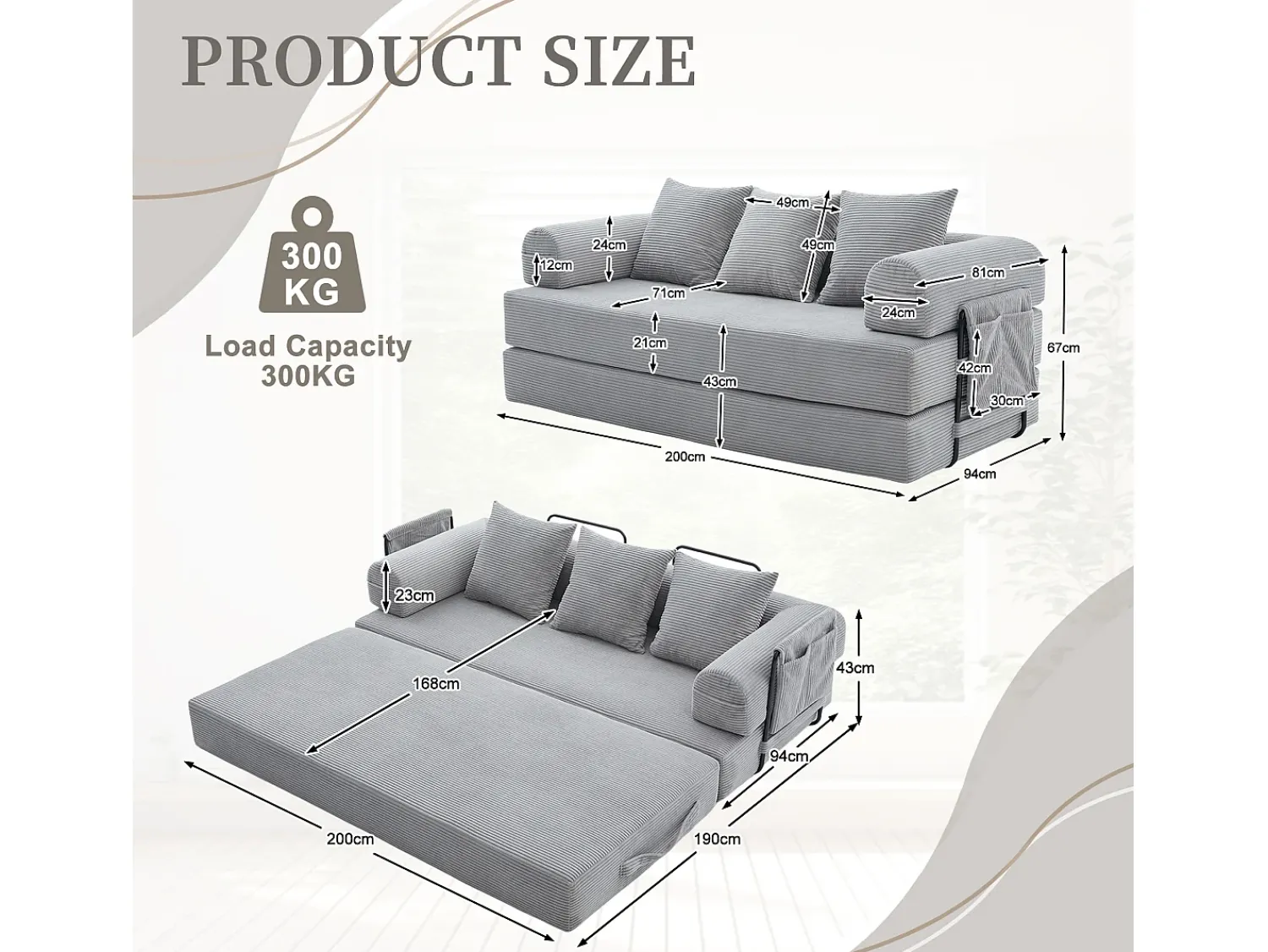Sofá*Hauss Spole Sofá modular convertível de 3 lugares com 3 almofadas e bolso lateral - Veludo cotelê cinza claro Cinzento claro