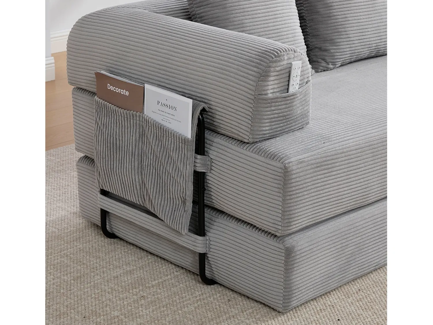 Sofá*Hauss Spole Sofá modular convertível de 3 lugares com 3 almofadas e bolso lateral - Veludo cotelê cinza claro Cinzento claro