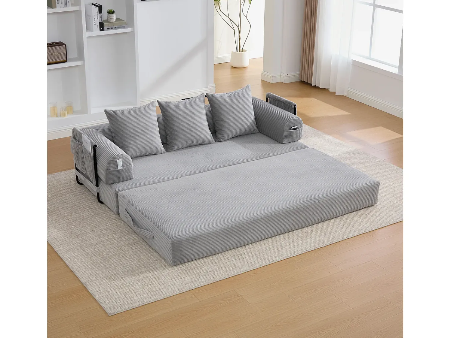 Sofá*Hauss Spole Sofá modular convertível de 3 lugares com 3 almofadas e bolso lateral - Veludo cotelê cinza claro Cinzento claro