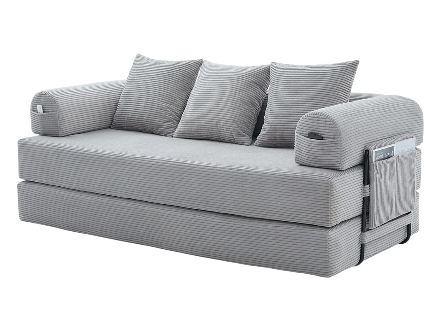 Sofá*Hauss Spole Sofá modular convertível de 3 lugares com 3 almofadas e bolso lateral - Veludo cotelê cinza claro Cinzento claro