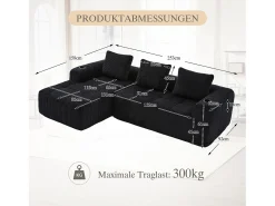 Online Merax Sofá modular de 4 lugares - 253 x 158 x 61 cm - com bolso lateral + porta-copos + 3 almofadas - veludo - Preto