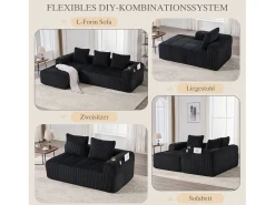 Online Merax Sofá modular de 4 lugares - 253 x 158 x 61 cm - com bolso lateral + porta-copos + 3 almofadas - veludo - Preto