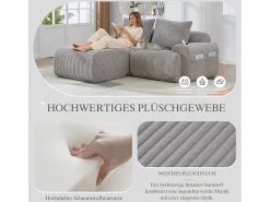 Sofá|Merax Sofá modular de 2 lugares - 200 x 174 x 80 cm - com 1 pufe + porta-copos + bolso de arrumação - veludo - cinza claro Cinzento claro