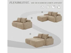 Outlet Merax Sofá modular de 2 lugares - 200 x 174 x 80 cm - com 2 pufes + porta-copos + compartimento de arrumação - veludo - cáqui Caqui