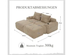 Outlet Merax Sofá modular de 2 lugares - 200 x 174 x 80 cm - com 2 pufes + porta-copos + compartimento de arrumação - veludo - cáqui Caqui