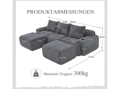 Sofá|Merax Sofá modular de 3 lugares - 268 x 174 x 80 cm - com 2 pufes + porta-copos + compartimento de arrumação - veludo - cinza escuro Cinzento
