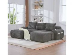 Sofá|Merax Sofá modular de 3 lugares - 268 x 174 x 80 cm - com 2 pufes + porta-copos + compartimento de arrumação - veludo - cinza escuro Cinzento