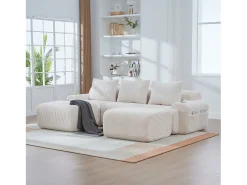 Outlet Merax Sofá modular de 3 lugares - 268 x 174 x 80 cm - com 2 pufes + porta-copos + compartimento de arrumação - veludo - Bege