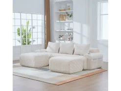 Outlet Merax Sofá modular de 3 lugares - 268 x 174 x 80 cm - com 2 pufes + porta-copos + compartimento de arrumação - veludo - Bege