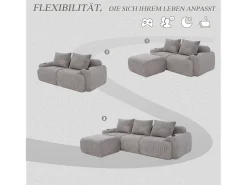 Merax Sofá modular de 3 lugares - 268 x 174 x 80 cm - com 1 pufe + porta-copos + bolso de arrumação - veludo - cinza claro^ Sofá