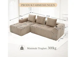 Outlet Merax Sofá modular de 4 lugares - 253 x 158 x 61 cm - com bolso lateral + porta-copos + 3 almofadas - veludo - cáqui Caqui